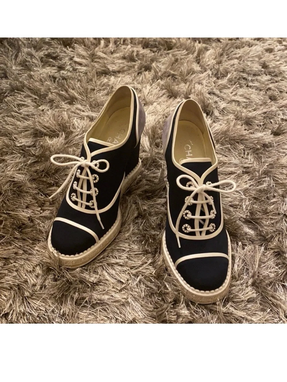 CHANEL Navy Blue Lace-Up Espadrille Wedge Sneakers with White Trim and Pearls